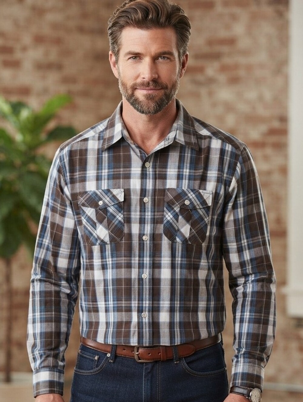 Beverly Hills Polo Club- Brown & Blue Plaid Long-Sleeve Shirt